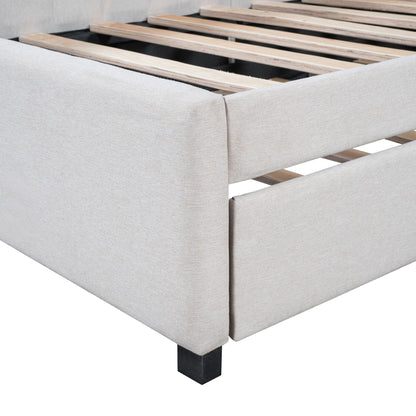 Twin Size Sofa Bed Upholstered Daybed With Trundle Frame No Box Spring Needed, Linen - Beige