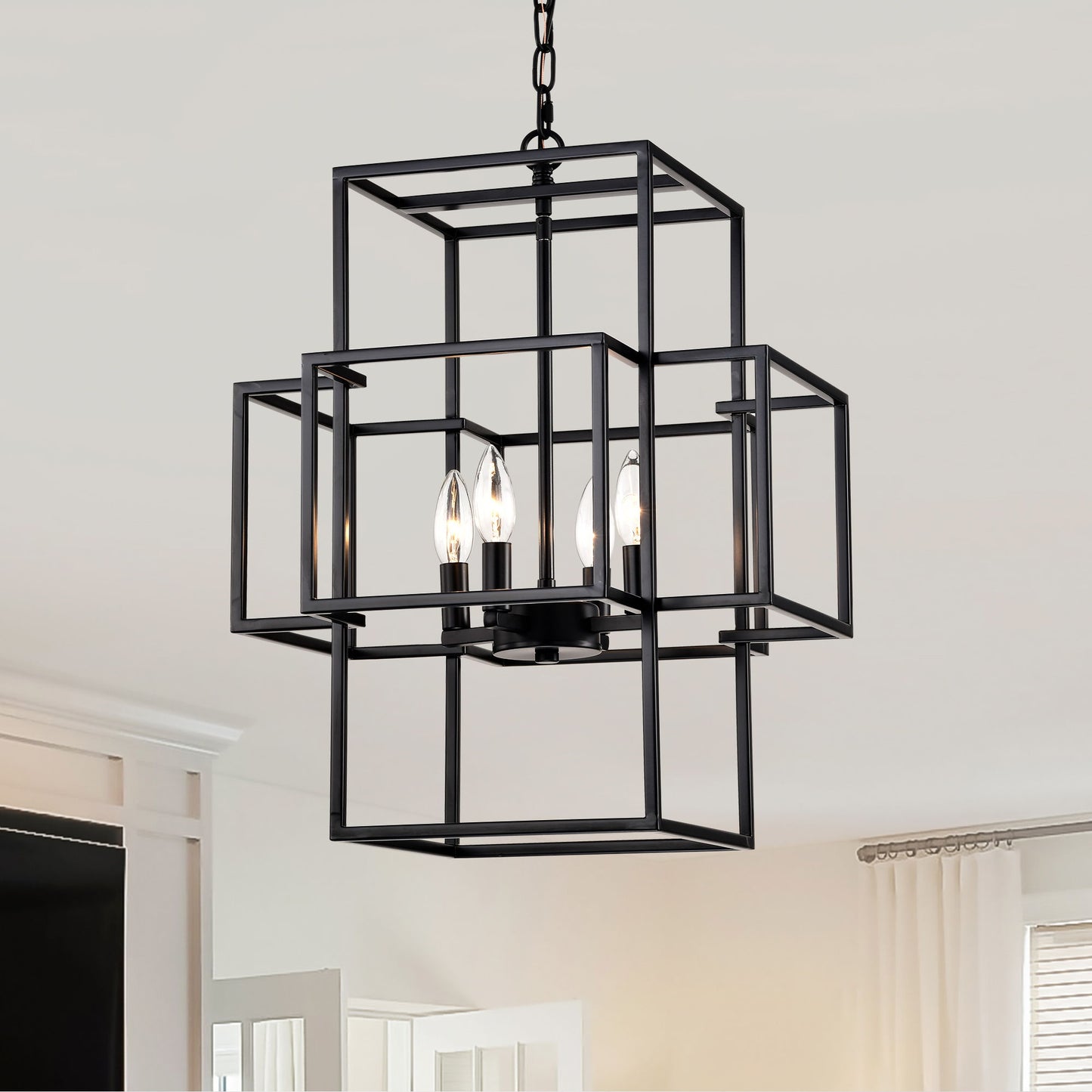 4 Light Metal Lantern Tiered Pendant Hanging Light Fixtures, Industrial Farmhouse Adjustable Height Chandeliers For Dining Room Hallway Foyer Entryway (E12 Bulbs Not Included) - Matte Black
