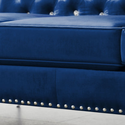 Wide Sofa With Jeweled Buttons, Square Arm, 2 Pillows - Blue