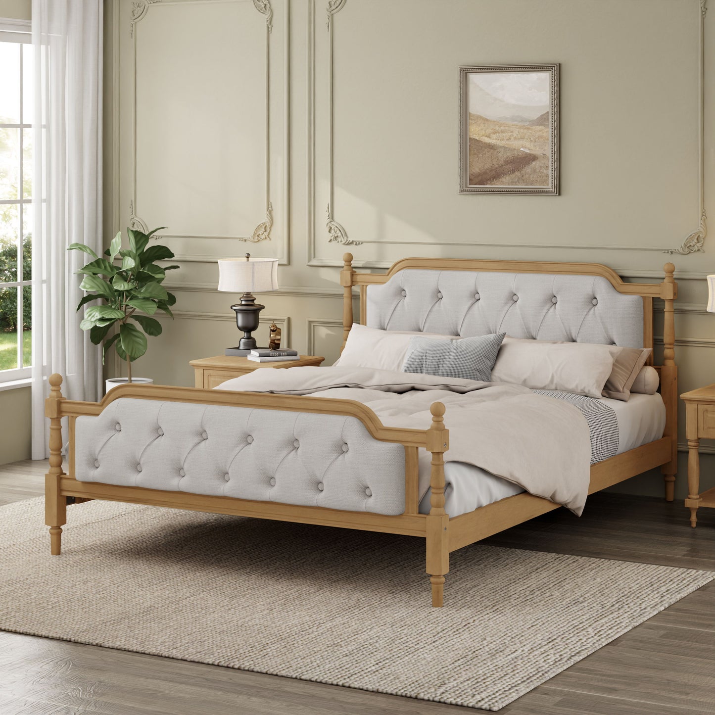 King Size Traditional Style Solid Bed Frame With Upholstered Tufted Headboard, No Box Spring Needed - Walnut