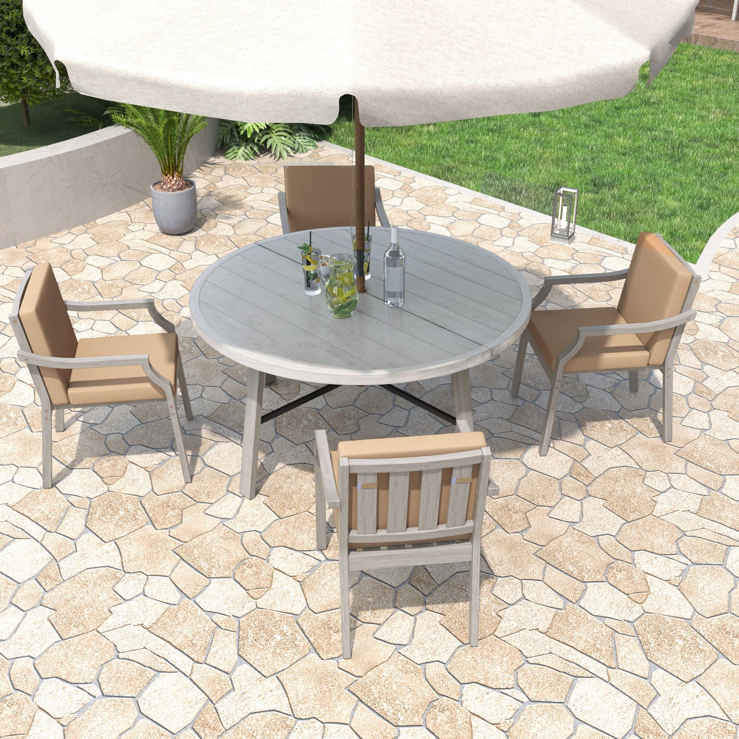 Outdoor Dinning Set 4 Person Outdoor Wooden Dinning Set With An Umbrella Hole And Removable Cushions For Patio, Backyard, Garden - Antique Gray