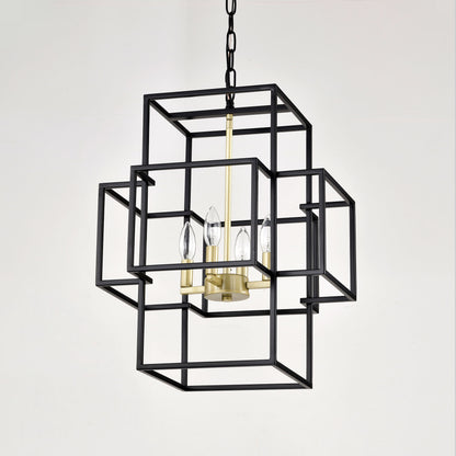 4 Light Metal Lantern Tiered Pendant Hanging Light Fixtures, Industrial Farmhouse Adjustable Height Chandeliers For Dining Room Hallway Foyer Entryway (E12 Bulbs Not Included) - Matte Black / Gold