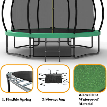 12Ft Recreational Kids Trampoline With Safety Enclosure Net & Ladder, Outdoor Recreational Trampolines - Green