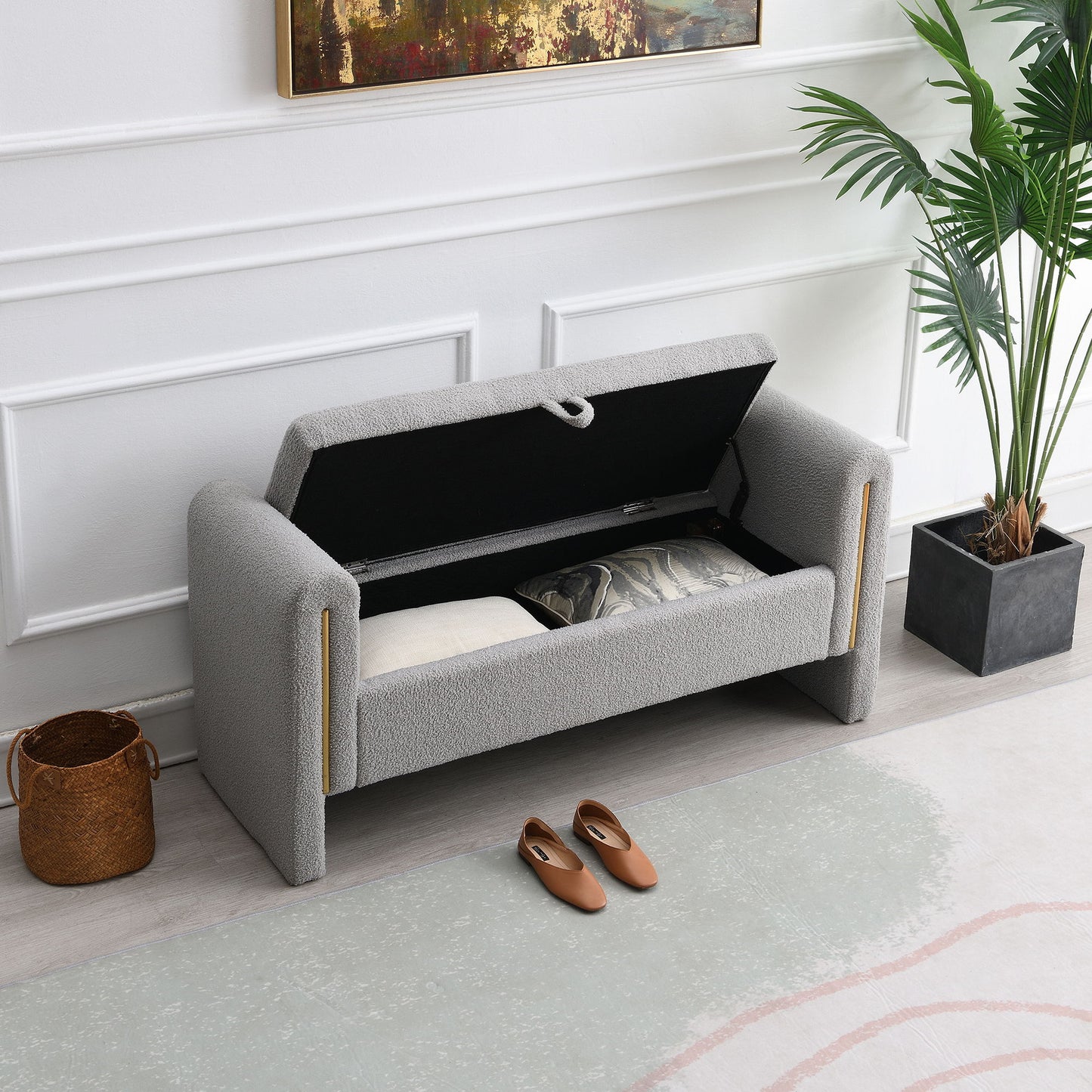 Modern Teddy Bed End Bench With Arms And Storage, Upholstered Large Foot Rest Stool, Comfy Window Vanity Bench For Living Room, Dorm, Coffee Table, Teddy - Gray