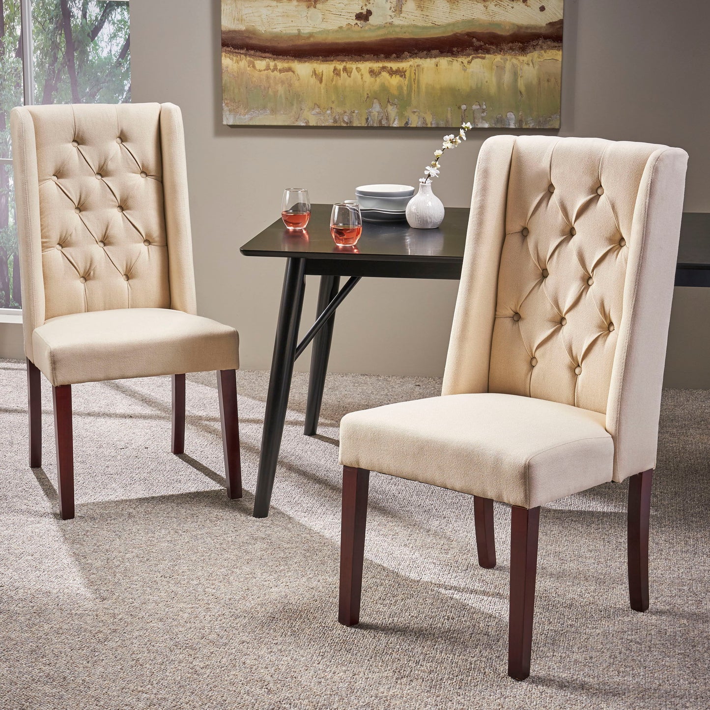 Sophisticated Tufted Dining Chairs (Set of 2) With High Back And Birch Wood Legs - Beige
