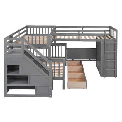 Twin Twin Over Full L Shaped Bunk Bed With 3 Drawers, Portable Desk And Wardrobe - Gray