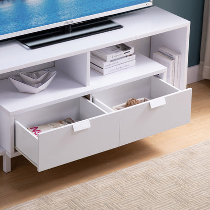Modern TV Stand With Two Shelves And Two Drawers - White