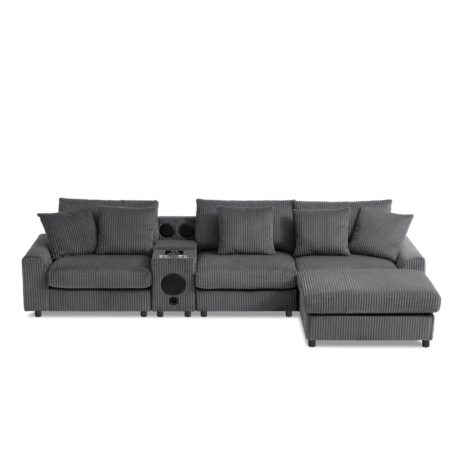 Sectional With Bluetooth Speakers L Shaped Couch With Console USB Charger, Cup Holders Storage Ottoman Deep And Wide Seat Cloud Sofa - Dark Gray