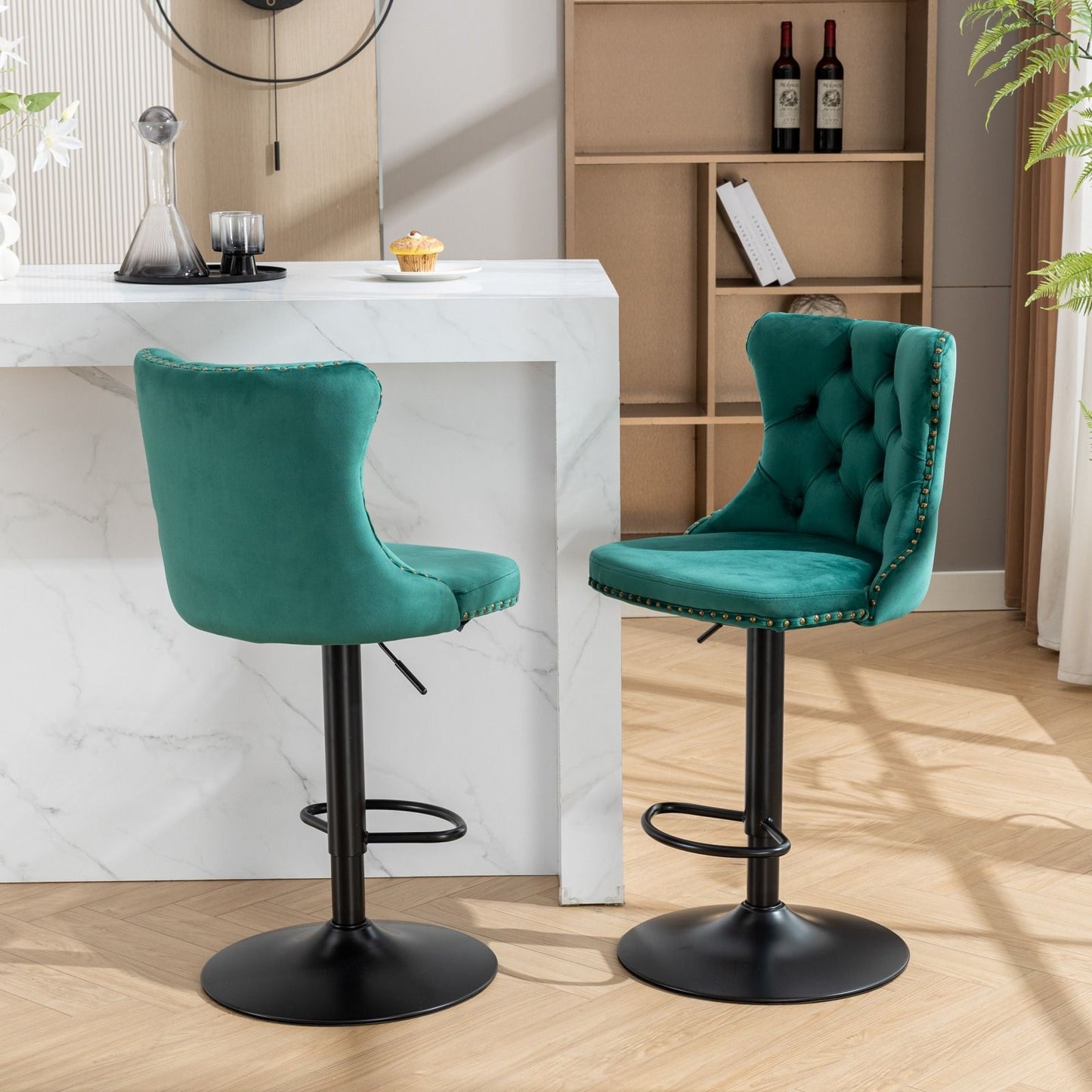 Swivel Velvet Barstools Adjusatble Seat Height, Modern Upholstered Bar Stools With Backs Comfortable Tufted For Home Pub And Kitchen Island (Set of 2) - Green