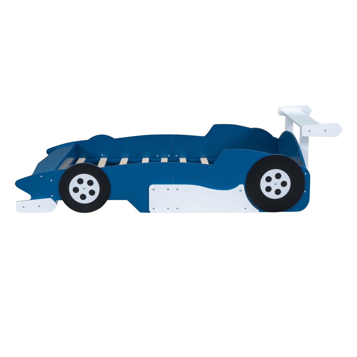 Full Size Race Car Shaped Platform Bed With Wheels - Blue