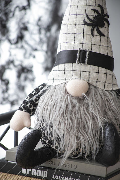 Sitting Gnome With Hat Spider, For Halloween Decor - Black White
