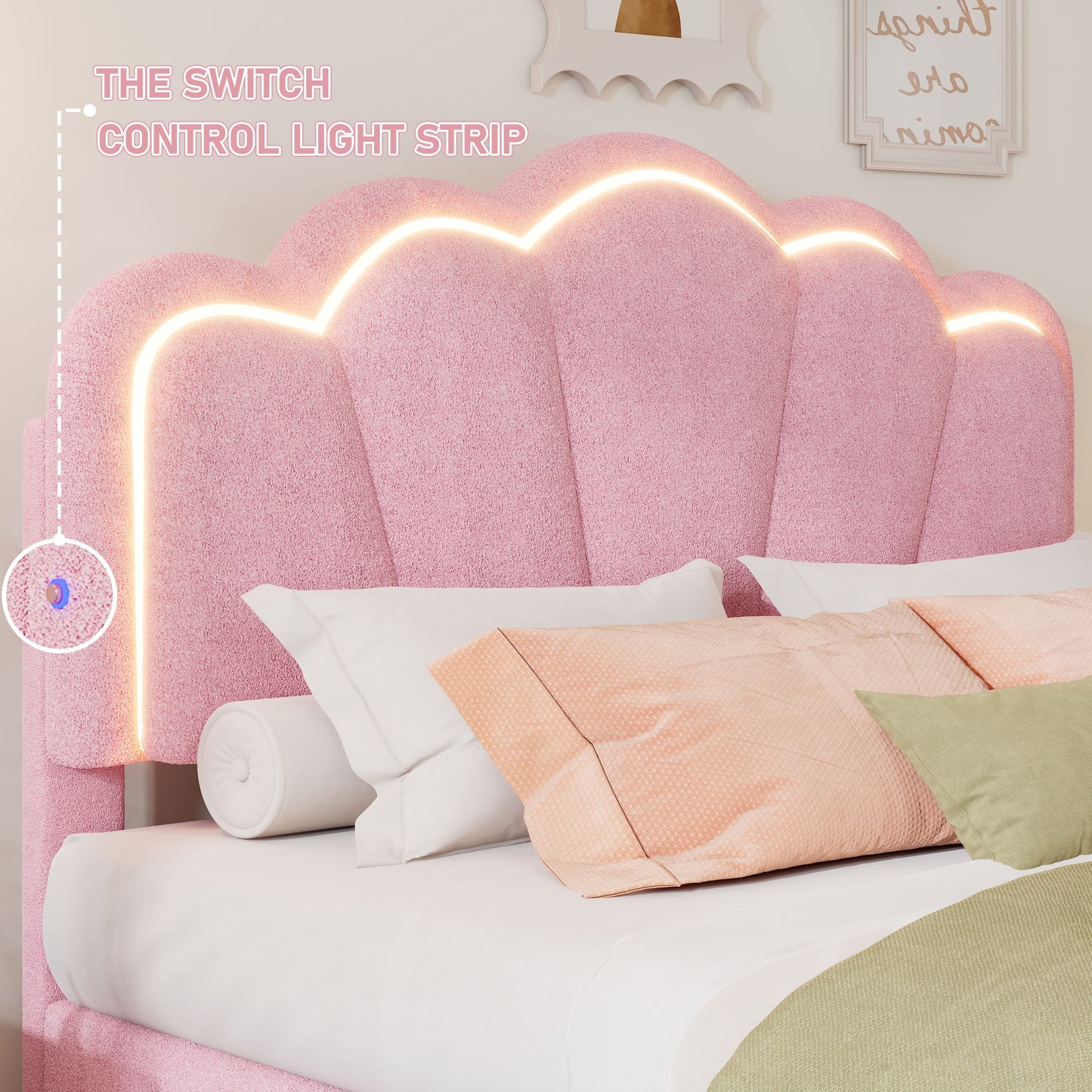 Twin Size Upholstered Flower-Shape Bed, Elegant Flowers Headboard With LED Light Strip, Sherpa Fabric Platform Bed With Slats Support - Pink