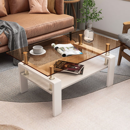 Modern Rectangular Coffee Table With Tempered Glass Top Layer, Table For Living Room - Brown / White