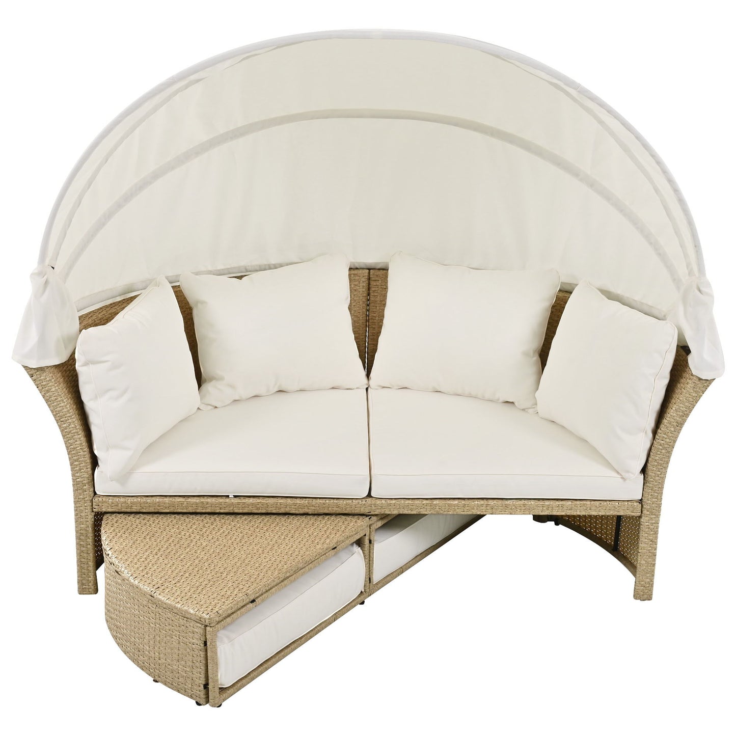 Outdoor Patio Daybed Wicker Rattan Double Daybed Round Sofa Furniture Set With Retractable Canopy, 4 Pillows For Lawn Garden Backyard Porch Pool - Beige