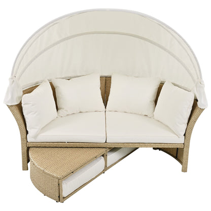 Outdoor Patio Daybed Wicker Rattan Double Daybed Round Sofa Furniture Set With Retractable Canopy, 4 Pillows For Lawn Garden Backyard Porch Pool - Beige
