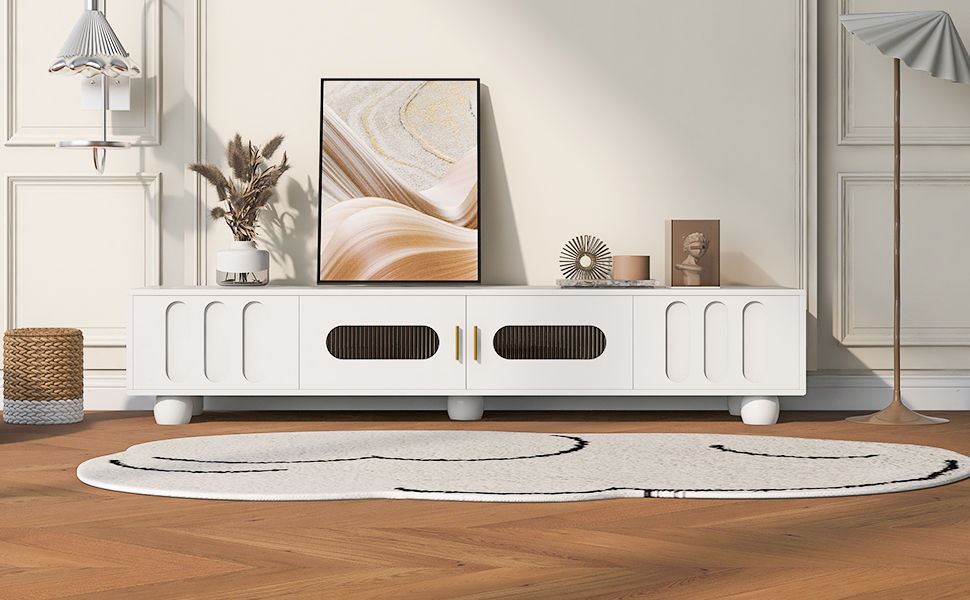Modern TV Stand For TVs Up To 80", Entertainment Center With Glass Door, 2 Drawers And Cabinets, Wood TV Storage Cabinet With Solid Wood Legs And Metal Handles For Living Room - White