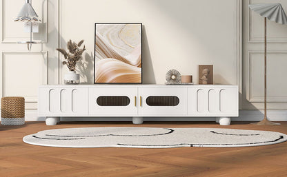Modern TV Stand For TVs Up To 80", Entertainment Center With Glass Door, 2 Drawers And Cabinets, Wood TV Storage Cabinet With Solid Wood Legs And Metal Handles For Living Room - White