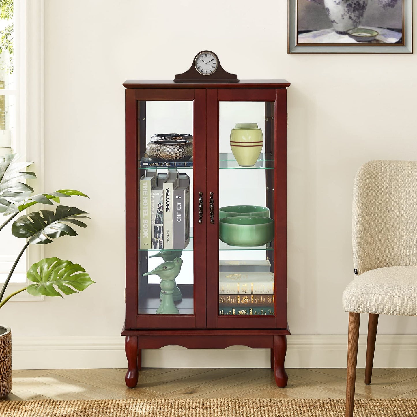 Curio Cabinet Lighted Curio Diapaly Cabinet With Adjustable Shelves And Mirrored Back Panel, Tempered Glass Doors 3 Tier, (E26 Light Bulb Not Included) - Cherry