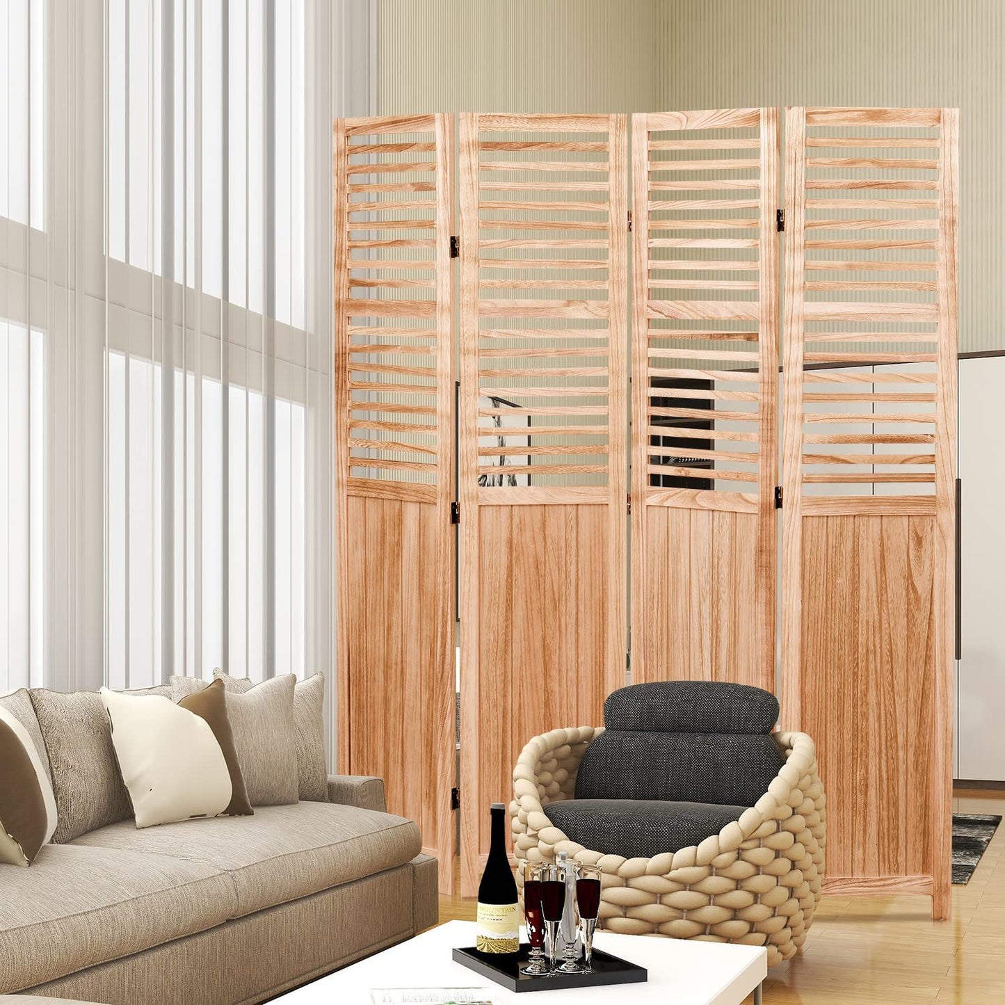 Panel Solid Wood Folding Room Divider - Natural