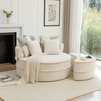 Modern Oversized Round Barrel Accent Chair With Ottoman Velvet Upholstered Lounge Armchair With 5 Pillows For Living Room Or Bedroom - Beige