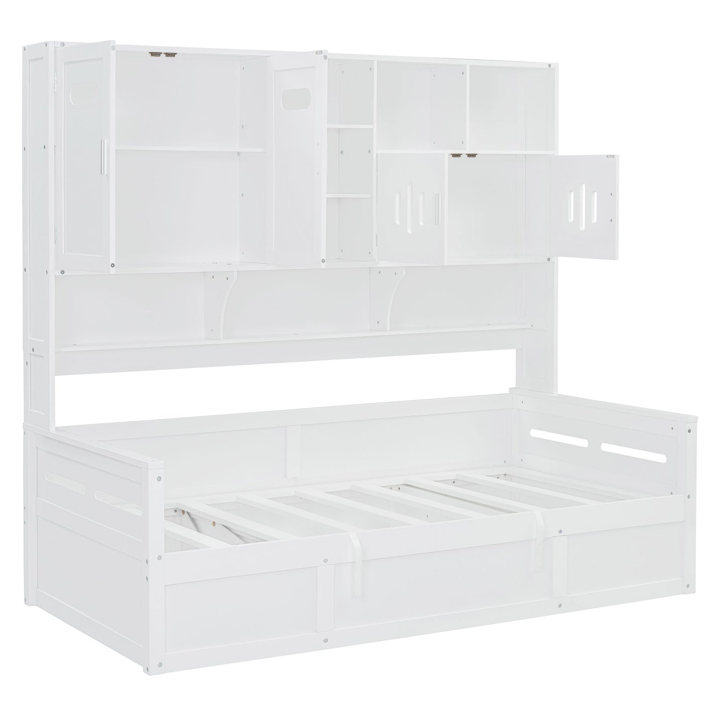 Twin Size Wooden Daybed With Hydraulic Bed And All In One Cabinet And Shelf - White