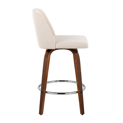 Toriano - Mid-Century Modern Fixed Height Counter Stool With Round Footrest (Set of 2) - Walnut / Cream