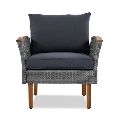 9 Piece Patio Rattan Furniture Set, Outdoor Conversation Set With Acacia Wood Legs And Tabletop, PE Rattan Sectional Sofa Set With Coffee Table, Washable Cushion - Gray