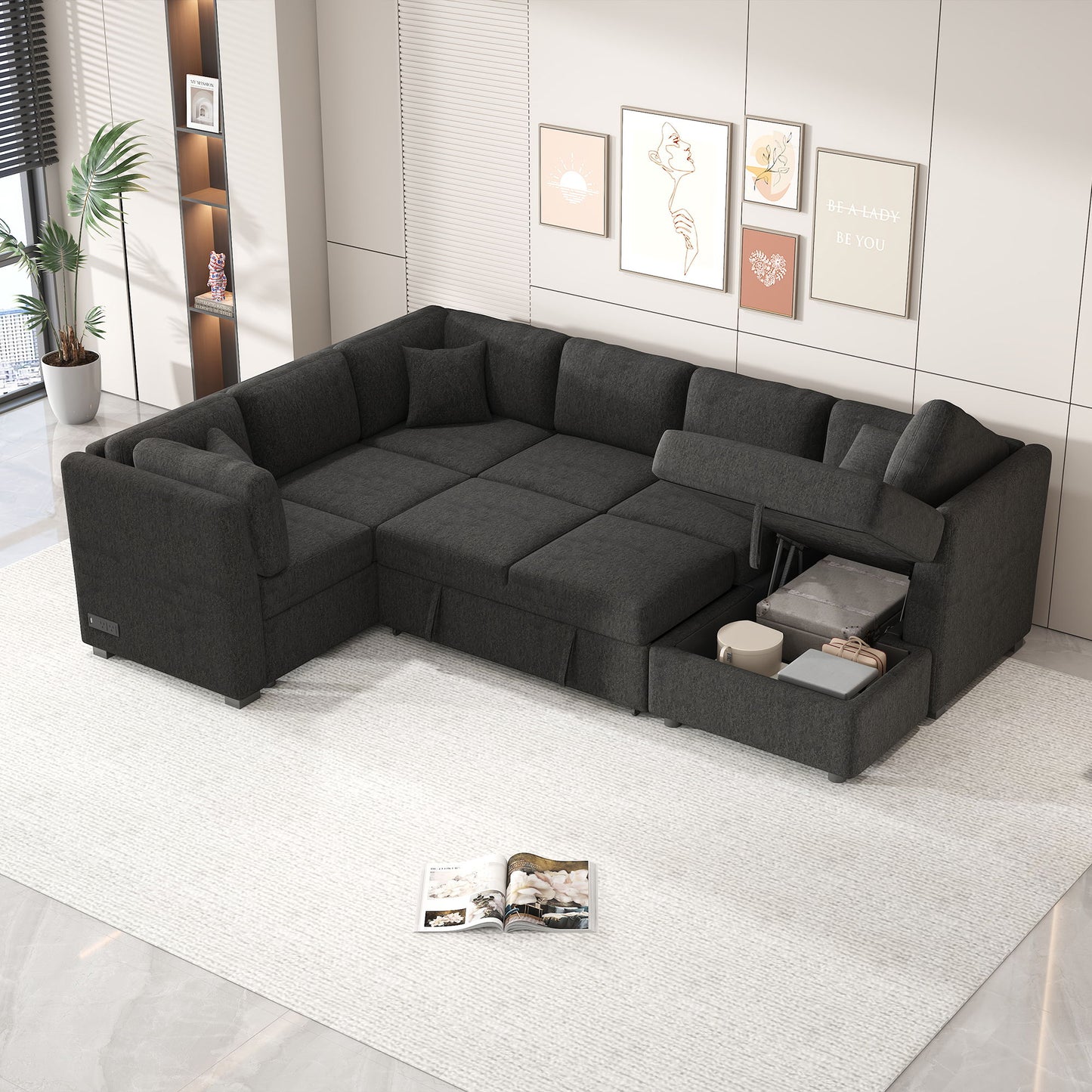 U-Shaped Sectional Sofa Pull Out Sofa Bed With Two USB Ports, Two Power Sockets, Three Back Pillows And A Storage Chaise For Living Room - Black
