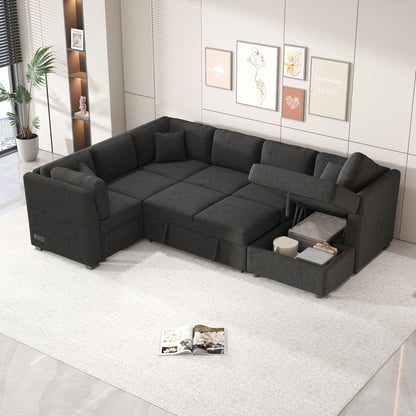 U-Shaped Sectional Sofa Pull Out Sofa Bed With Two USB Ports, Two Power Sockets, Three Back Pillows And A Storage Chaise For Living Room - Black