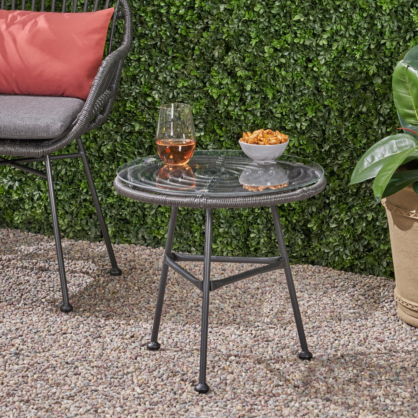 Petrichor - Outdoor Side Table With Tempered Glass And Steel Frame - Gray