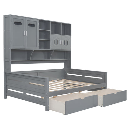Full Size Daybed With 2 Drawers And All In One Cabinet And Shelf - Gray