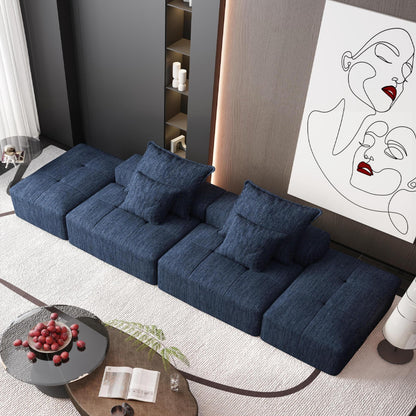 Modern Oversized Modular Sectional Sofa With 2 Ottoman And 2 Seat, Sparkling Chenille Fabric Soft Cushion Sofa With 4 Pillows, 4 Pieces Diy Combination Tufted Sofa, No Assembly Required - Blue