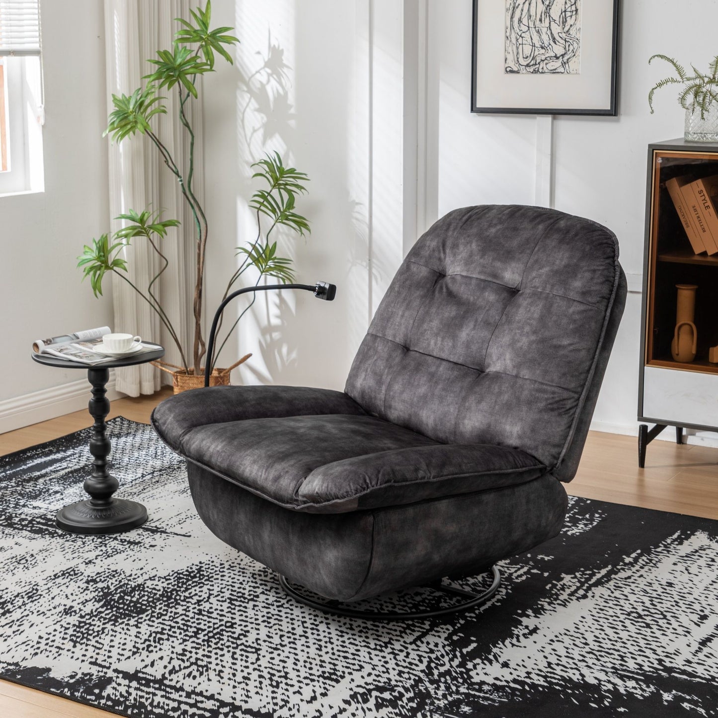 Modern Swivel Gliding Recliner Chair With Rocking Function And Phone Holder - Large Comfortable Reading Chair In Gold Stamped Velvet - Black