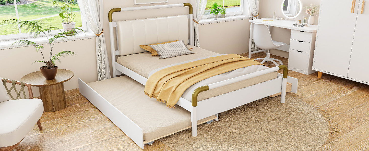 Queen Size Storage Platform Bed, With 2 Big Drawers, Twin Long Size Trundle - White