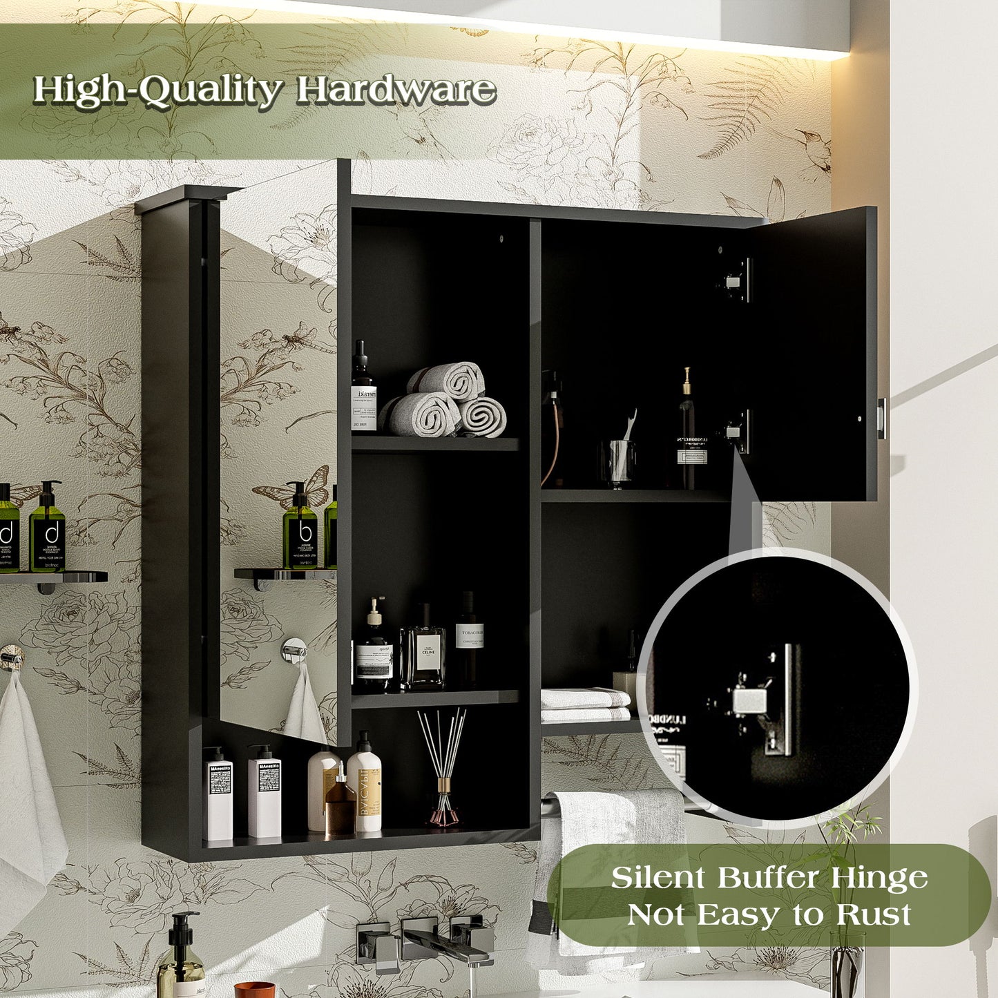 Modern Wall Mounted Bathroom Medicine Cabinet, Bathroom Wall Storage Cabinet With Mirror, Over The Toilet Space Saver Cabinet With Towels Bar - Black