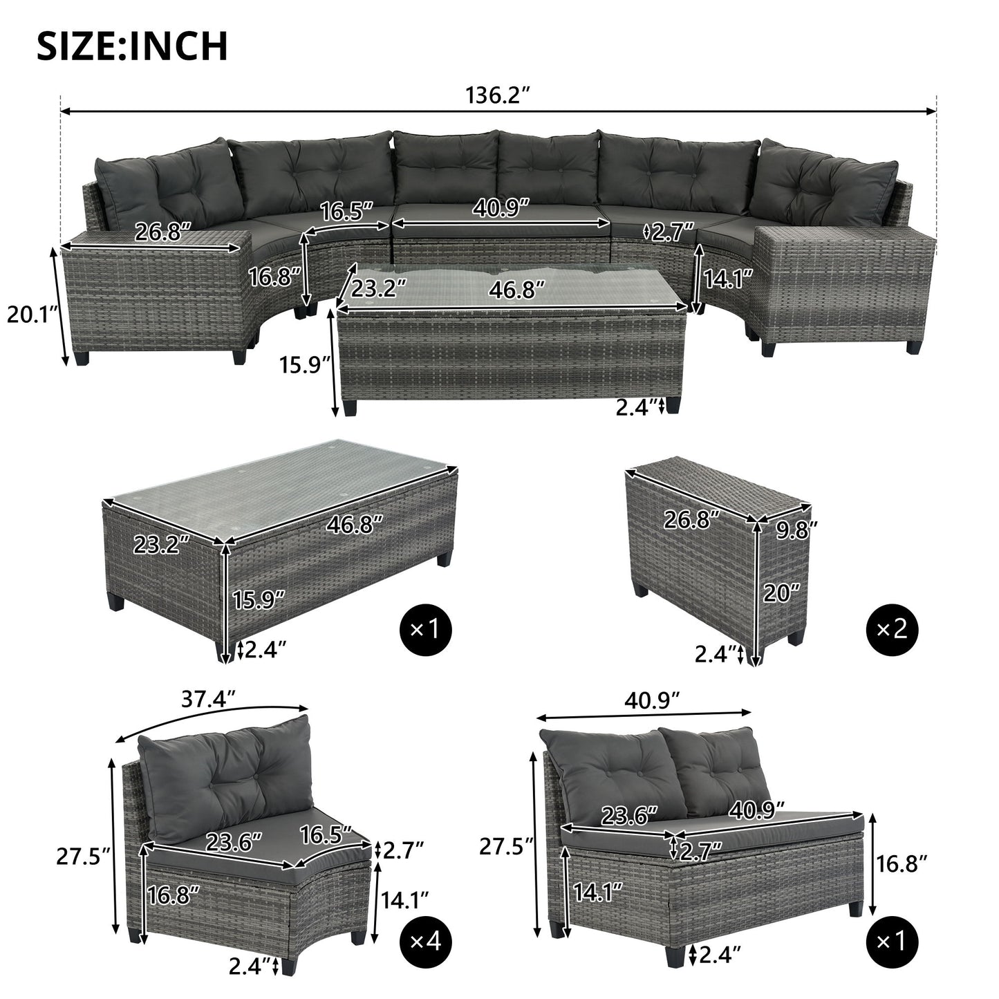 8 Pieces Outdoor Wicker Round Sofa Set, Half-Moon Sectional Sets All Weather, Curved Sofa Set With Rectangular Coffee Table, PE Rattan Water-Resistant And UV Protected, Movable Cushion - Gray
