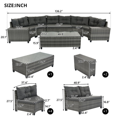 8 Pieces Outdoor Wicker Round Sofa Set, Half-Moon Sectional Sets All Weather, Curved Sofa Set With Rectangular Coffee Table, PE Rattan Water-Resistant And UV Protected, Movable Cushion - Gray