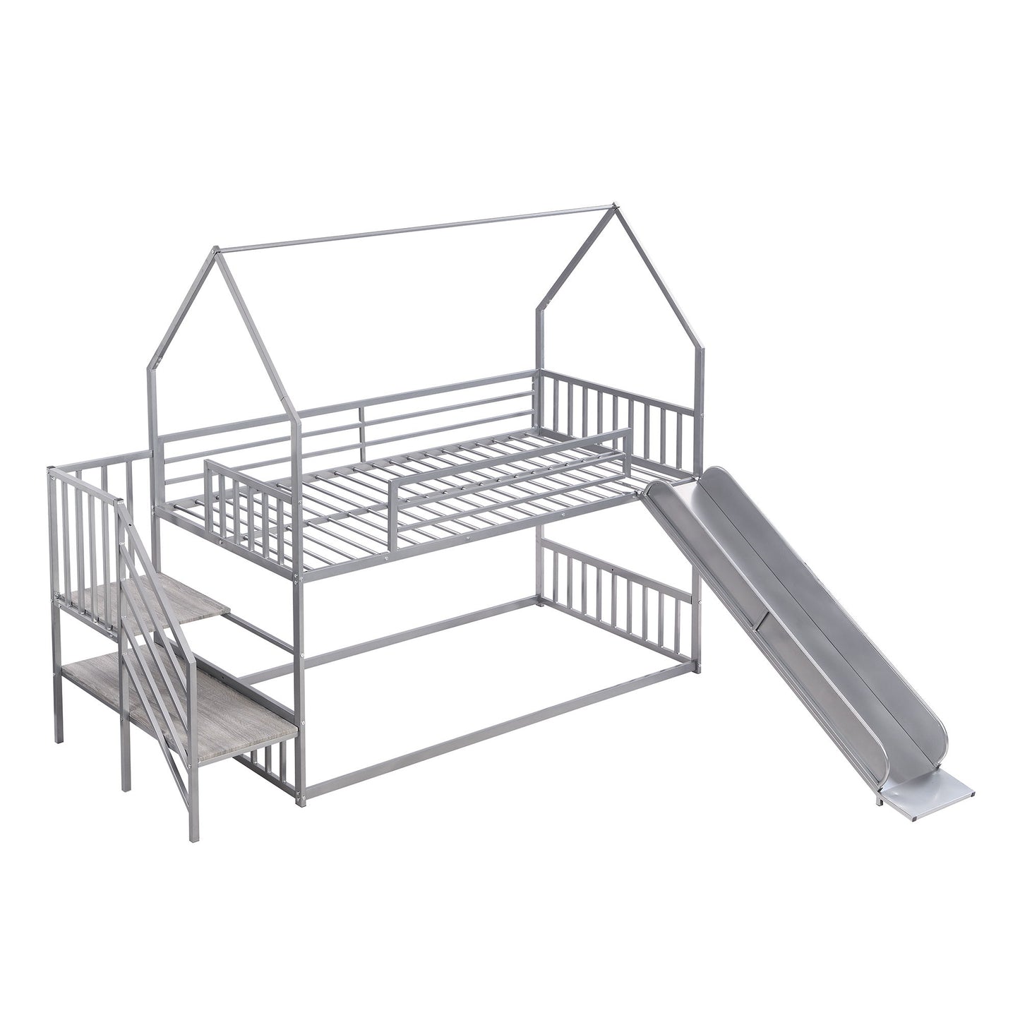 Twin Over Twin Metal Bunk Bed House Bed With Slide And Staircase - Silver