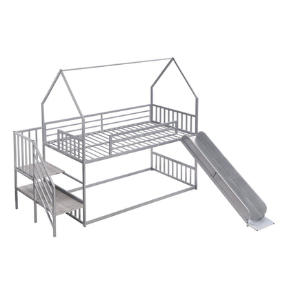 Twin Over Twin Metal Bunk Bed House Bed With Slide And Staircase - Silver