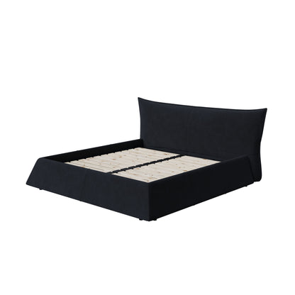King Size Upholstered Platform Bed With Special Shaped Velvet Headboard, Metal & Solid Wood Frame - Black