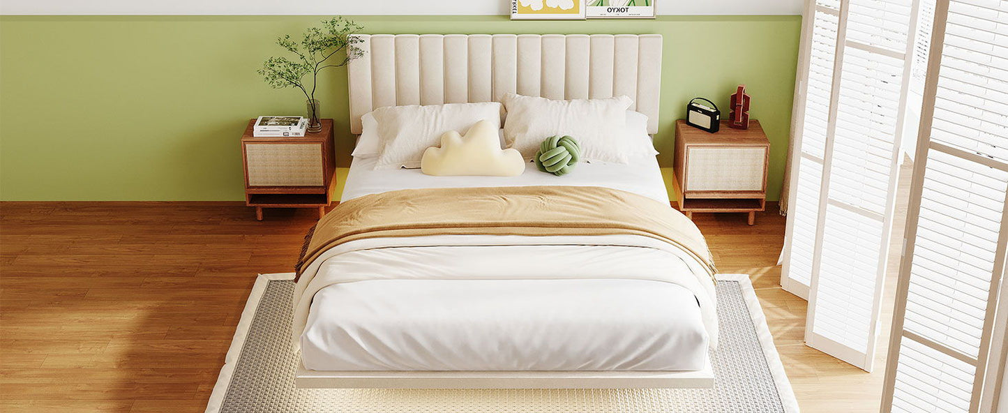 Queen Size Upholstered Bed With Sensor Light And Headboard, Floating Platform Bed - Beige