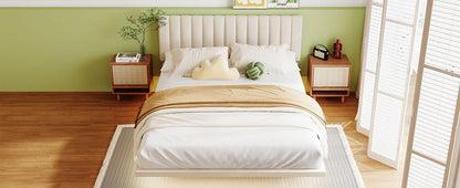 Queen Size Upholstered Bed With Sensor Light And Headboard, Floating Platform Bed - Beige