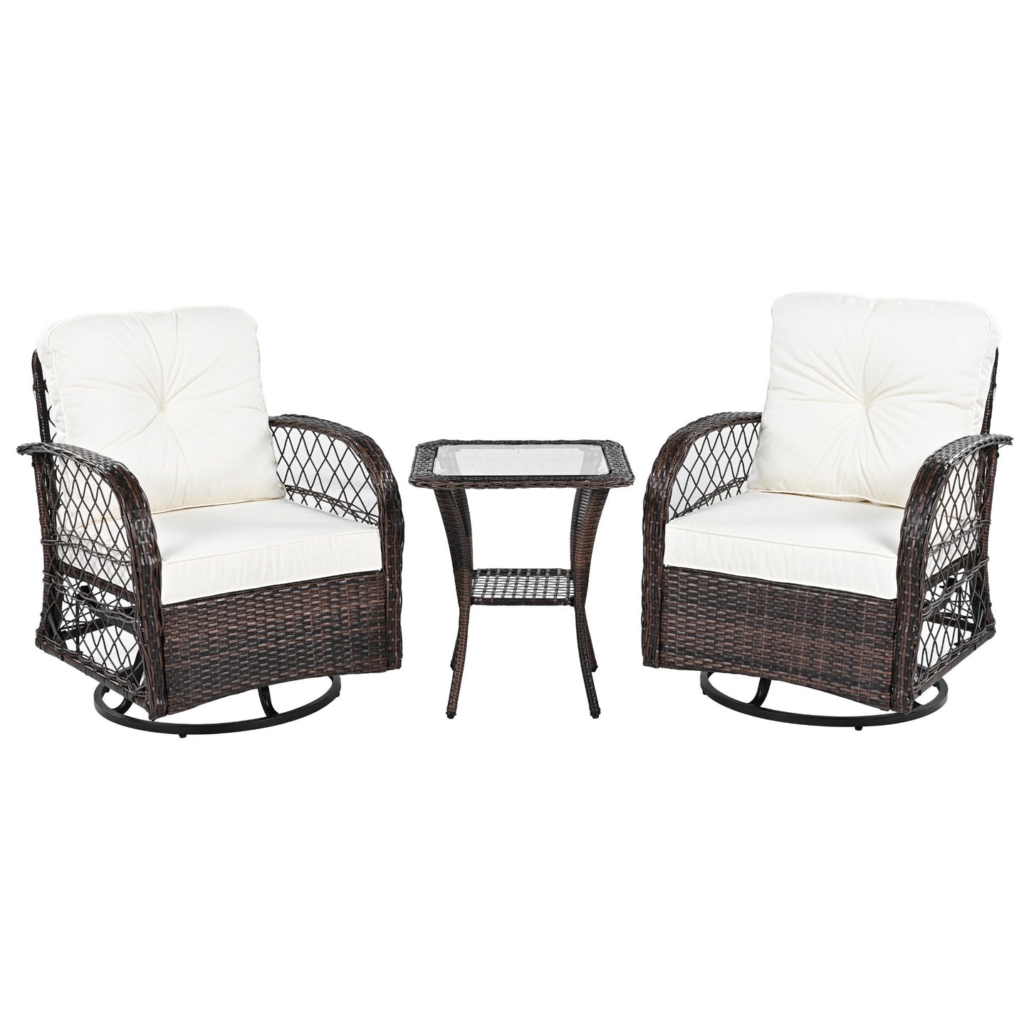 3 Piece Outdoor Chair & Table Set Chat Set 2 Person Rattan Seating Group With 2 Swiveling And Rocking Chairs And A Square Table For Garden, Patio, Or Balcony - Brown