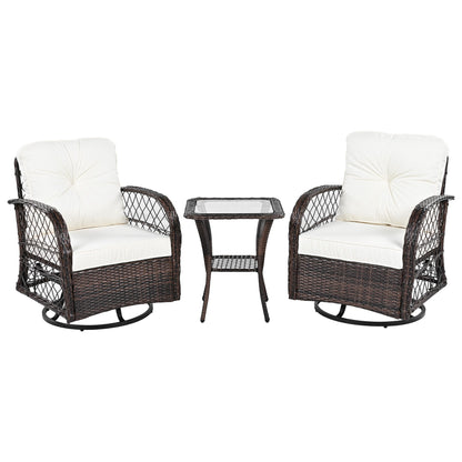 3 Piece Outdoor Chair & Table Set Chat Set 2 Person Rattan Seating Group With 2 Swiveling And Rocking Chairs And A Square Table For Garden, Patio, Or Balcony - Brown