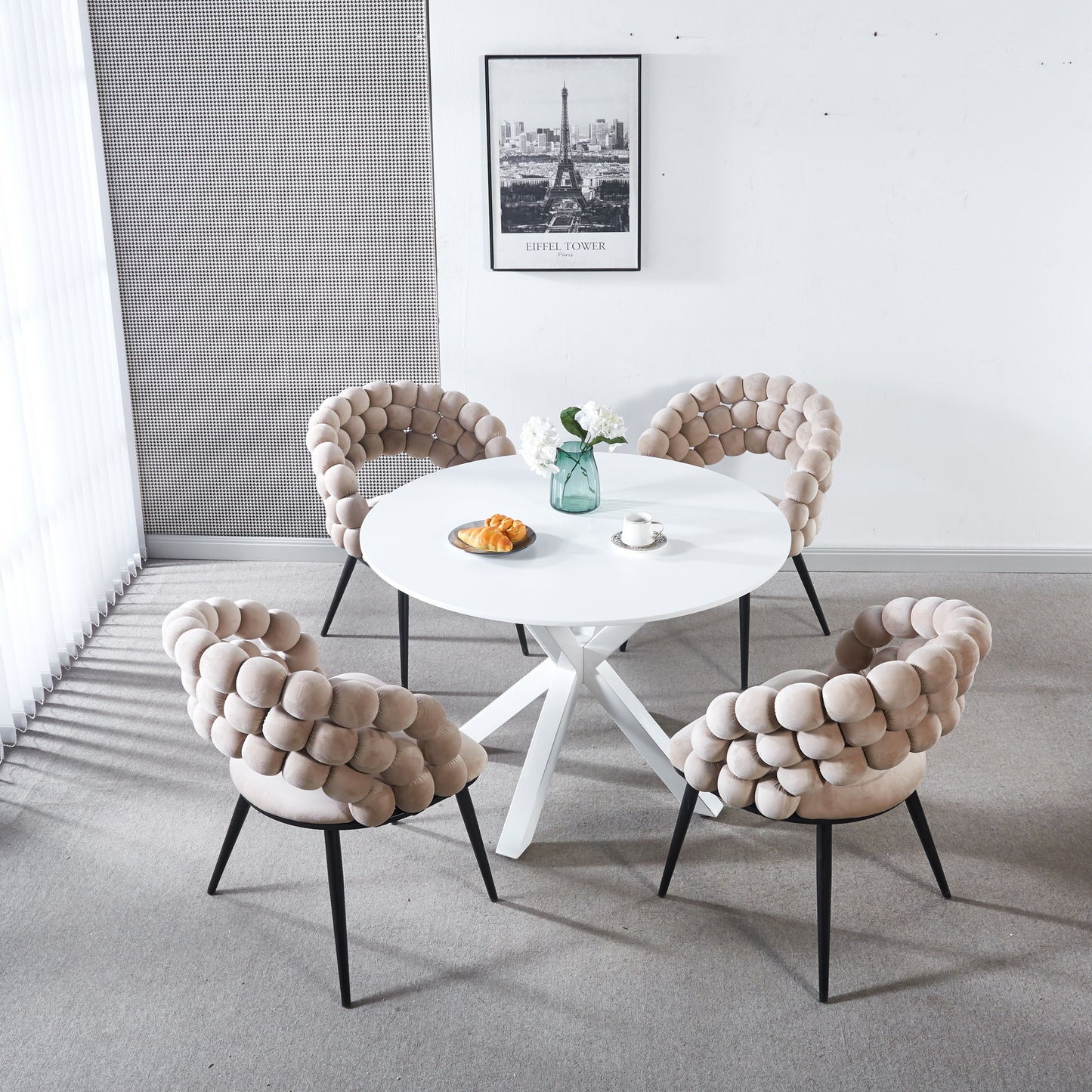 Modern Chair With Golden Color Iron Tube Legs, Soft Cushions And Comfortable Backrest, Suitable For Dining Room, Living Room, Cafe, Hairball Back (Set of 2) - Beige / Black