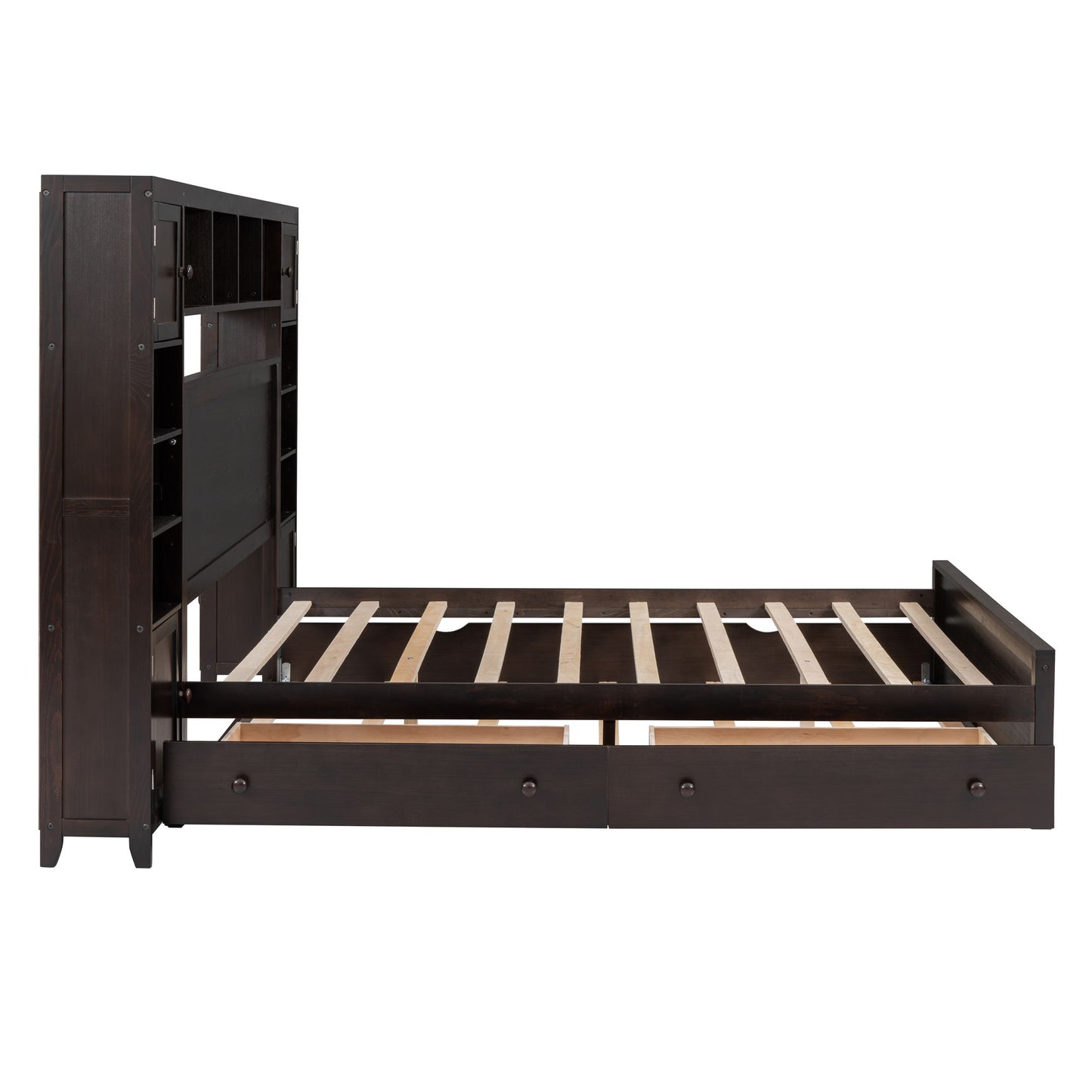 Queen Size Bed With All In One Cabinet, Shelf And Sockets, Twin Long Trundle - Espresso