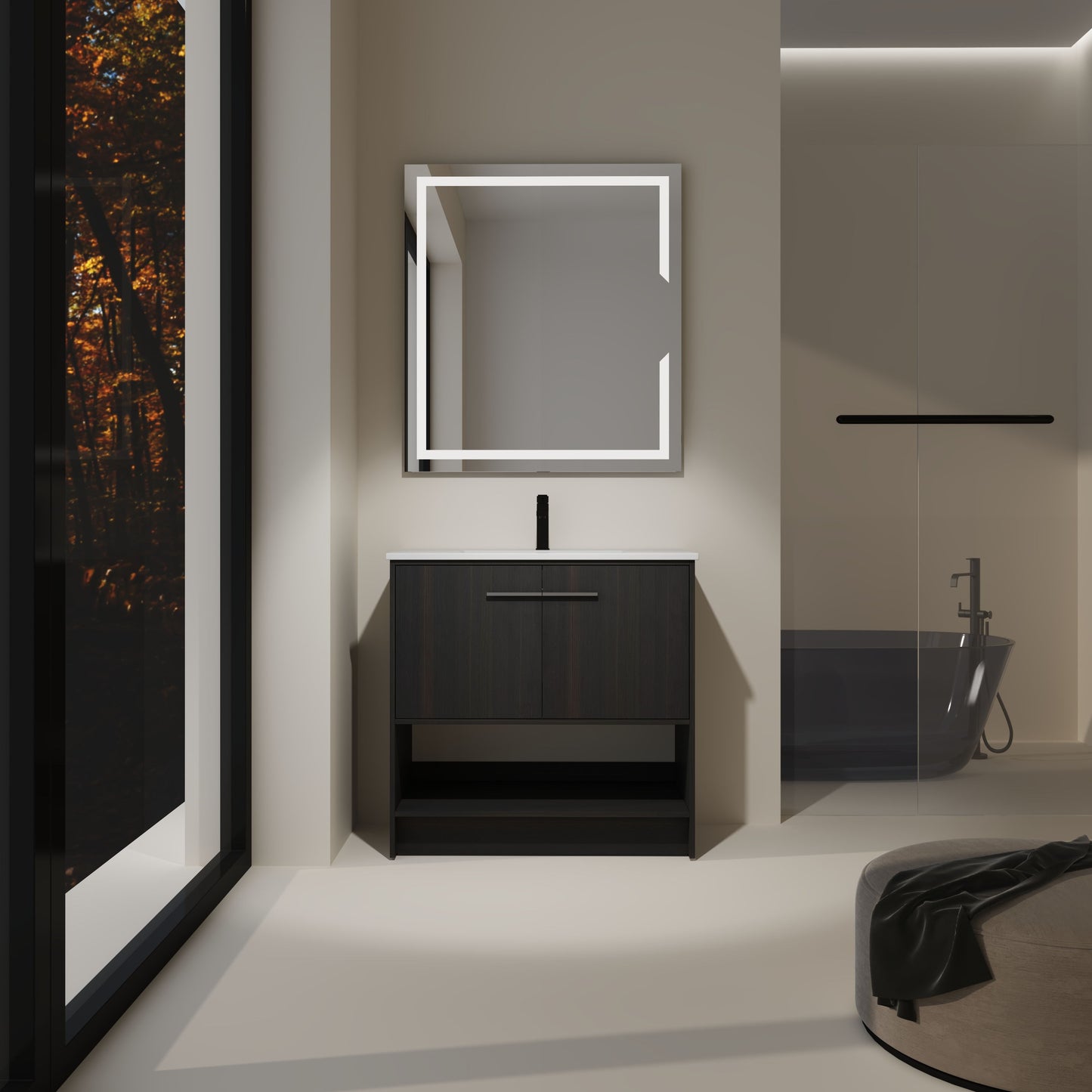 Modern 36" Bathroom Vanity With Ceramic Sink And Soft Closing Doors - Dark Oak