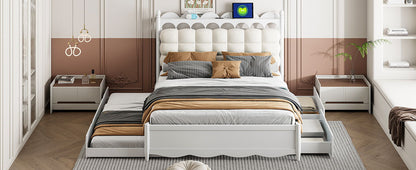 Queen Size Storage Platform Bed, With 2 Big Drawers, Twin Long Size Trundle, One Set Of Sockets & USB Ports - White