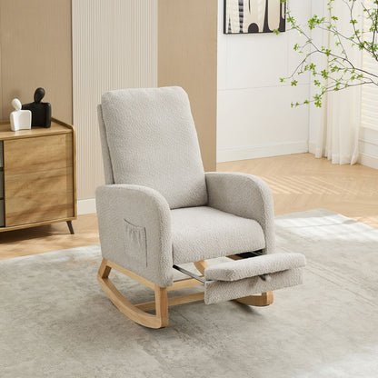 Rocking Chair For Nursery, High Back Glider Chair With Retractable Footrest, Side Pocket, Rocking Accent Armchair With Rubber Wood Legs For Living Room / Bedroom - Light Gray