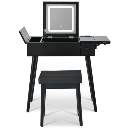 Makeup Vanity Desk With Flip Top Mirror And LED Light, Dressing Table With Charging Station, 2 Drawers And Fold Up Panel, Vanity Set With Cushioned Stool For Bedroom - Black